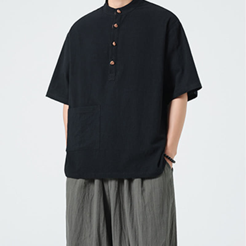 Buddha Stones Casual Half Frog-Button Design Stand Collar Tang Suit Men's Half Sleeve Cotton Shirt With Pocket