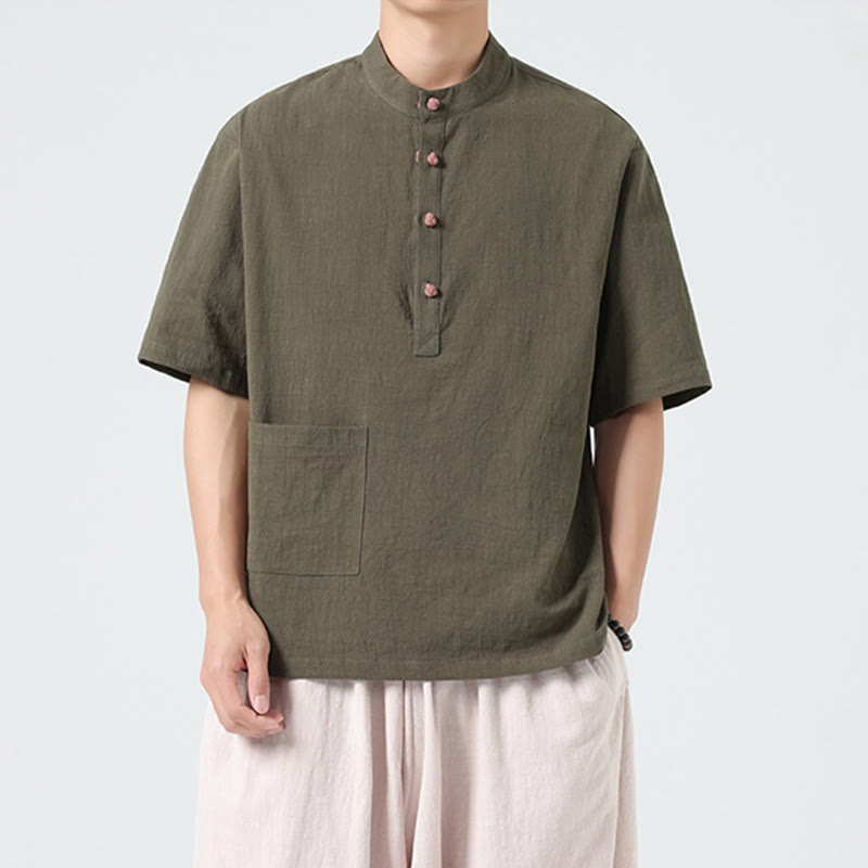 Buddha Stones Casual Half Frog-Button Design Stand Collar Tang Suit Men's Half Sleeve Cotton Shirt With Pocket - image 23