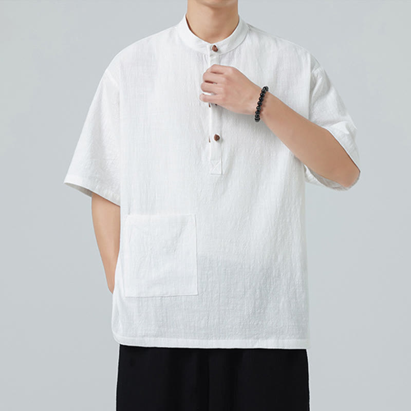 Buddha Stones Casual Half Frog-Button Design Stand Collar Tang Suit Men's Half Sleeve Cotton Shirt With Pocket - image 18