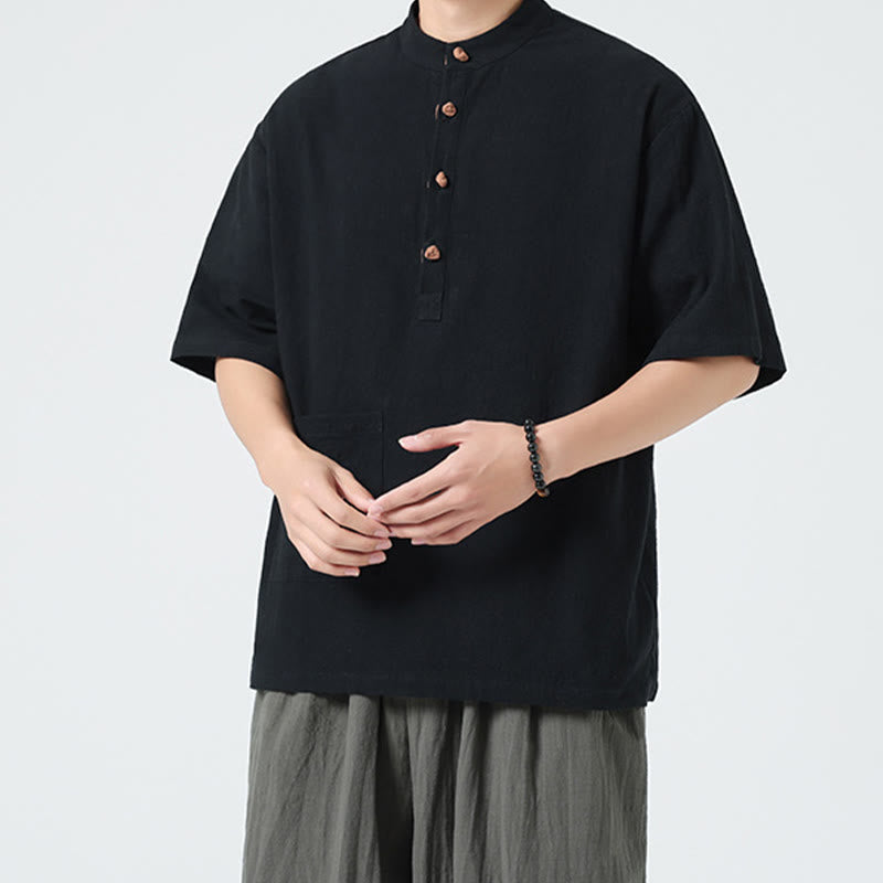 Buddha Stones Casual Half Frog-Button Design Stand Collar Tang Suit Men's Half Sleeve Cotton Shirt With Pocket