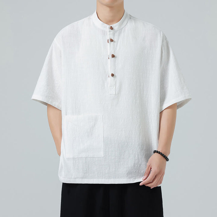 Buddha Stones Casual Half Frog-Button Design Stand Collar Tang Suit Men's Half Sleeve Cotton Shirt With Pocket - image 15