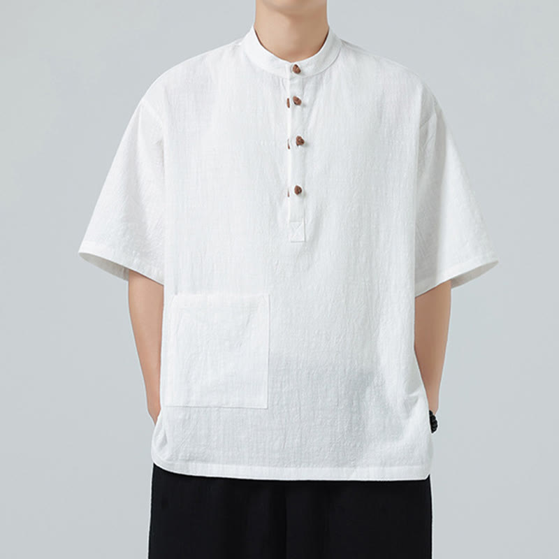 Buddha Stones Casual Half Frog-Button Design Stand Collar Tang Suit Men's Half Sleeve Cotton Shirt With Pocket