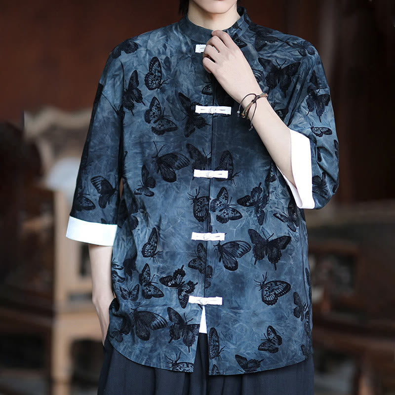 Buddha Stones Jacquard Butterfly Pattern White Frog-Button Design Stand Collar Men's Three Quarter Sleeve Cotton Shirt Cardigan