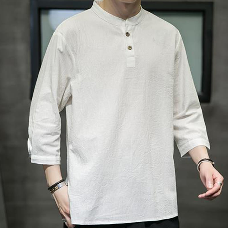 Buddha Stones Vintage Causal Pure Color Stand Collar Men's Three Quarter Sleeve Cotton Linen Shirt - Beige - US/UK/AU46，EU56 (5XL) - image 0