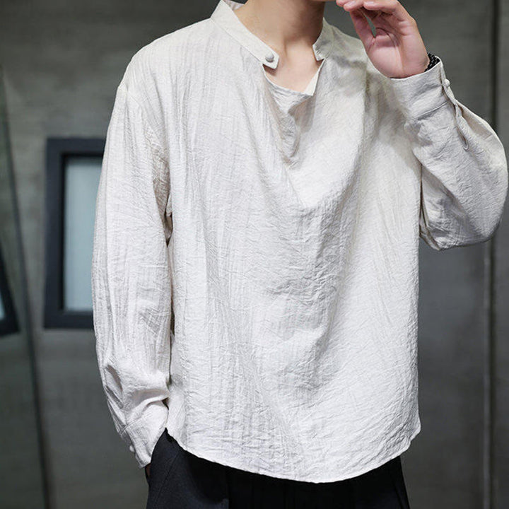 Buddha Stones Spring Solid Color Pleated Stand Collar Design Tang Suit Men's Long Sleeve Linen Shirt - image 22
