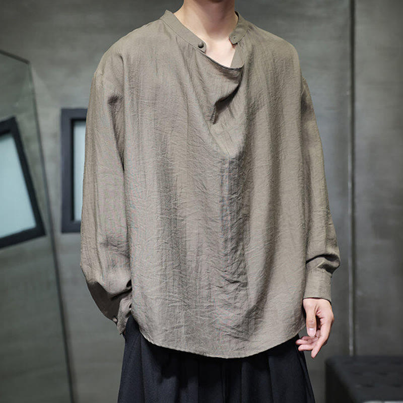Buddha Stones Spring Solid Color Pleated Stand Collar Design Tang Suit Men's Long Sleeve Linen Shirt - image 4