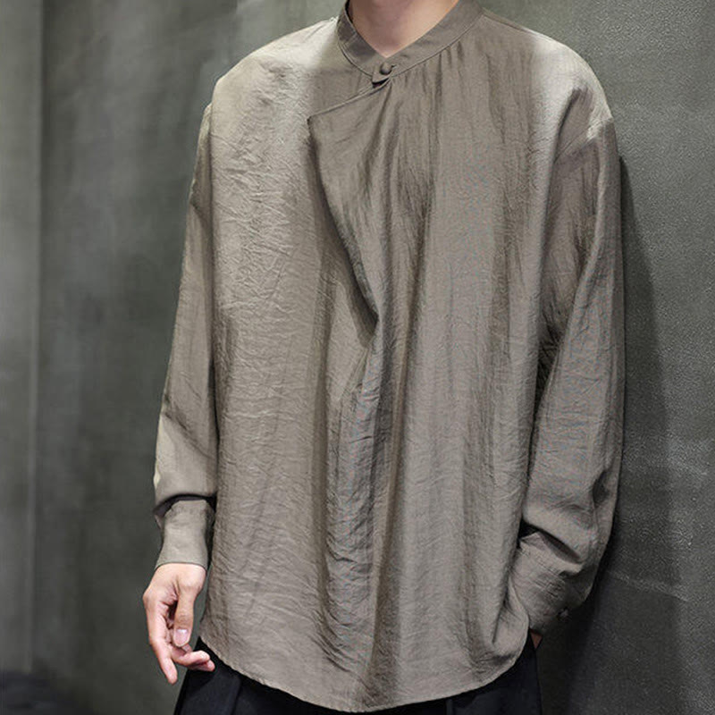 Buddha Stones Spring Solid Color Pleated Stand Collar Design Tang Suit Men's Long Sleeve Linen Shirt - image 2