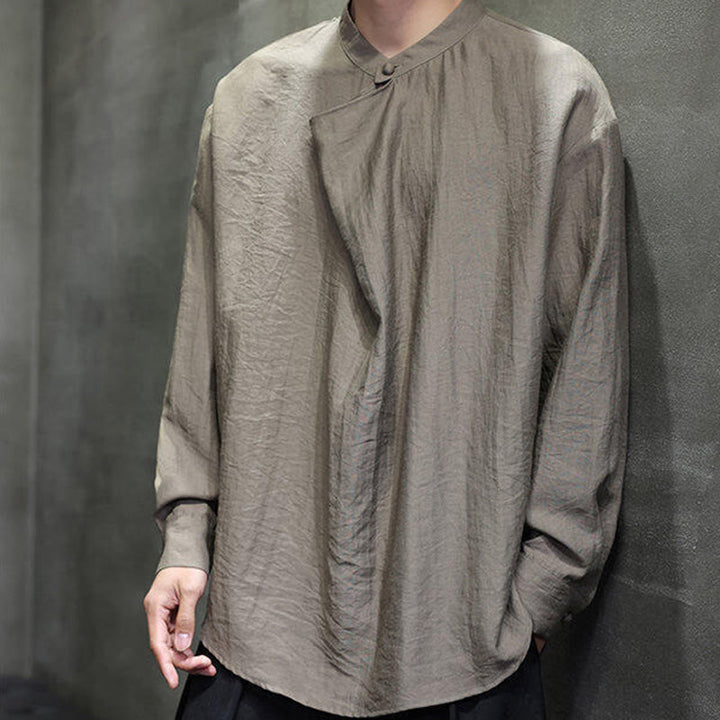 Buddha Stones Spring Solid Color Pleated Stand Collar Design Tang Suit Men's Long Sleeve Linen Shirt - image 2