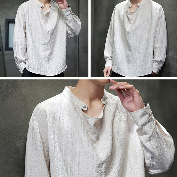 Buddha Stones Spring Solid Color Pleated Stand Collar Design Tang Suit Men's Long Sleeve Linen Shirt - image 25