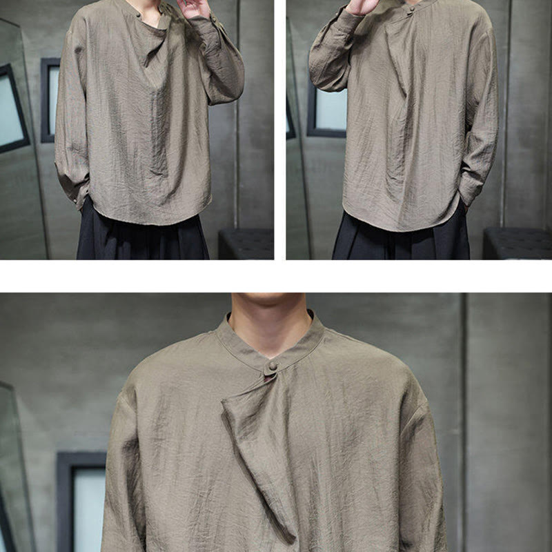 Buddha Stones Spring Solid Color Pleated Stand Collar Design Tang Suit Men's Long Sleeve Linen Shirt - image 7