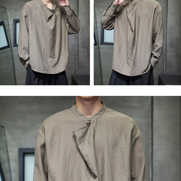 Buddha Stones Spring Solid Color Pleated Stand Collar Design Tang Suit Men's Long Sleeve Linen Shirt - image 7