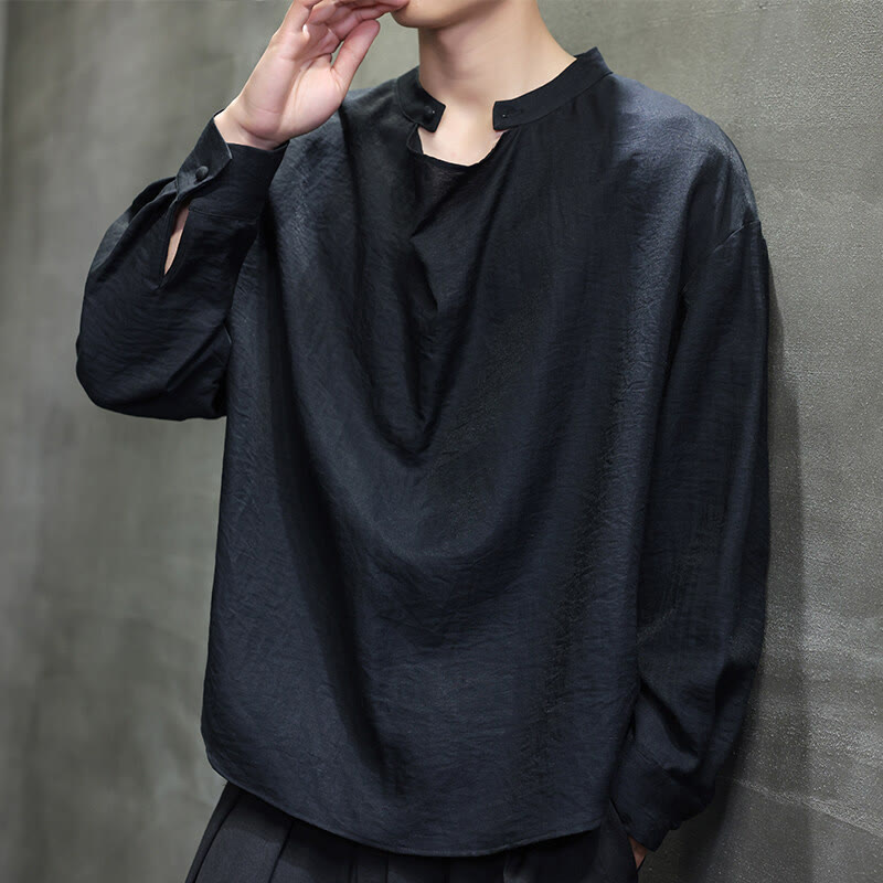 Buddha Stones Spring Solid Color Pleated Stand Collar Design Tang Suit Men's Long Sleeve Linen Shirt - image 9