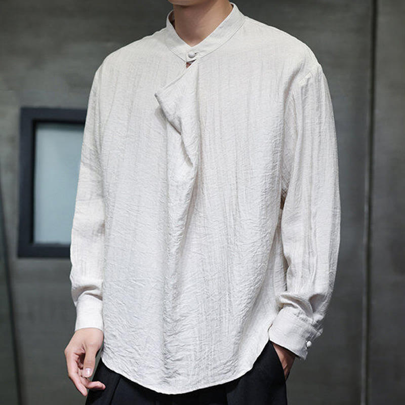 Buddha Stones Spring Solid Color Pleated Stand Collar Design Tang Suit Men's Long Sleeve Linen Shirt - FloralWhite - US/UK/AU46，EU56 (5XL) - image 17