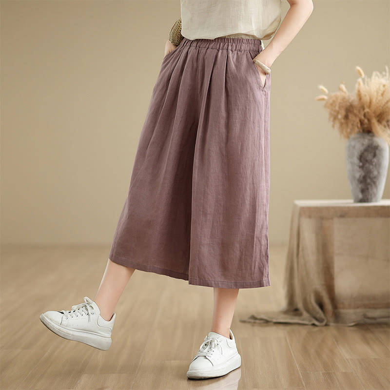 Buddha Stones Summer Solid Color Patchwork Simple Design Women's Cotton Wide Leg Cropped Pants With Pockets - image 2