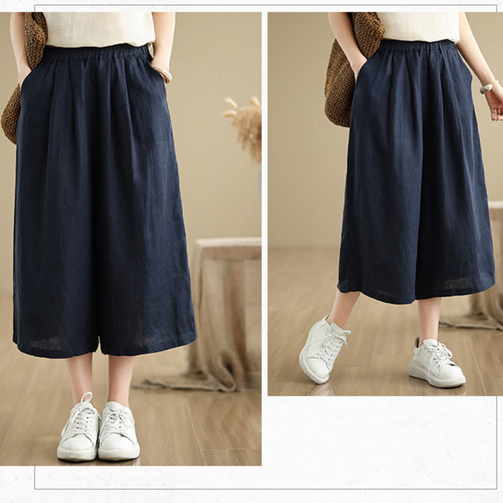 Buddha Stones Summer Solid Color Patchwork Simple Design Women's Cotton Wide Leg Cropped Pants With Pockets - image 23