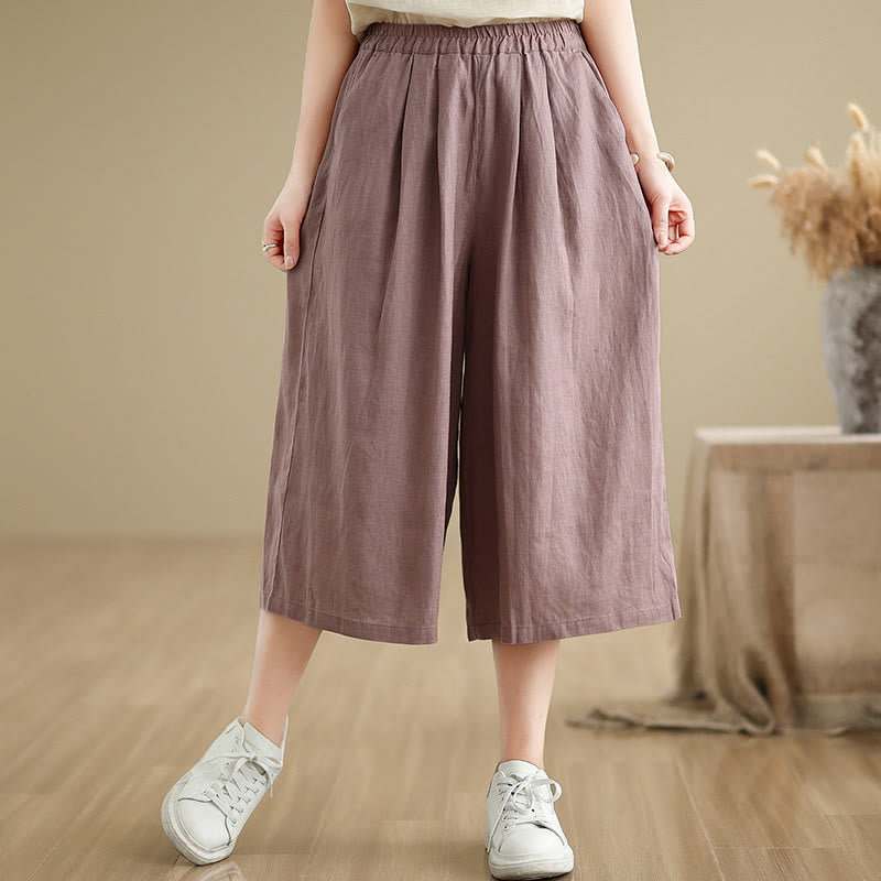 Buddha Stones Summer Solid Color Patchwork Simple Design Women's Cotton Wide Leg Cropped Pants With Pockets - RosyBrown - US8-10，UK/AU12-14，EU40-42 (2XL) - image 0