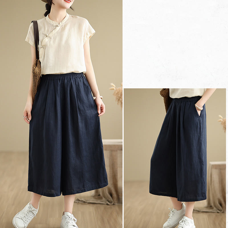 Buddha Stones Summer Solid Color Patchwork Simple Design Women's Cotton Wide Leg Cropped Pants With Pockets - image 22