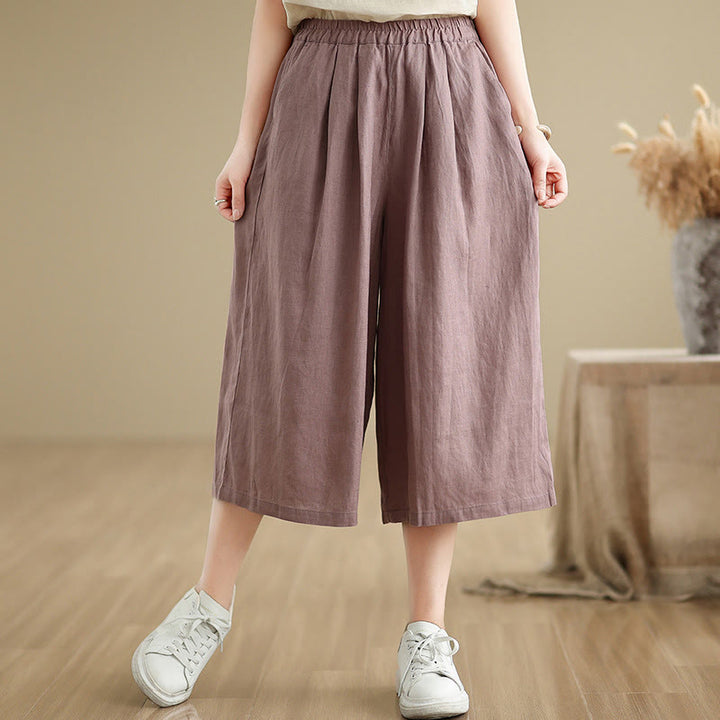 Buddha Stones Summer Solid Color Patchwork Simple Design Women's Cotton Wide Leg Cropped Pants With Pockets - RosyBrown - US8-10，UK/AU12-14，EU40-42 (2XL) - image 0