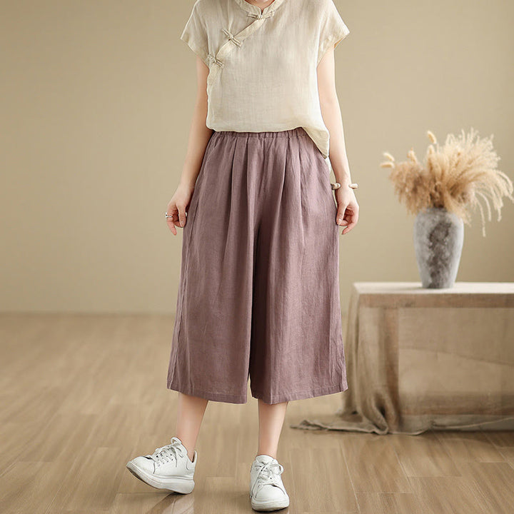 Buddha Stones Summer Solid Color Patchwork Simple Design Women's Cotton Wide Leg Cropped Pants With Pockets - image 3