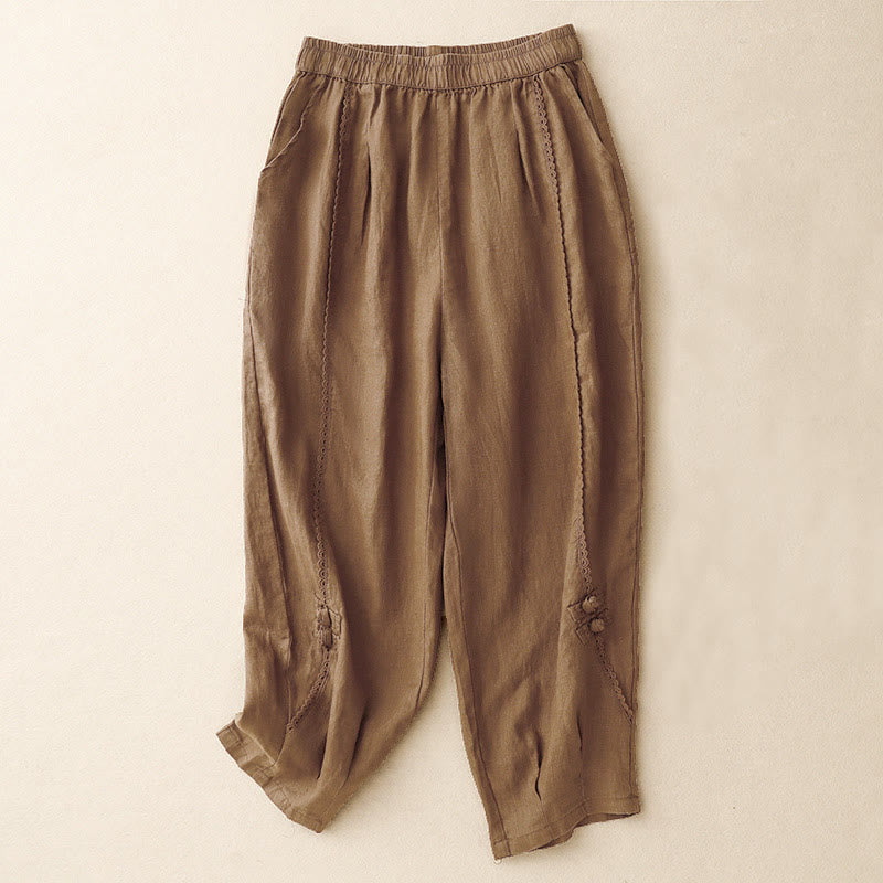 Buddha Stones Summer Frog-Button Lace High Waist Women's Cotton Linen Pants With Pockets - Sienna - US8-10，UK/AU12-14，EU40-42 (2XL) - image 13