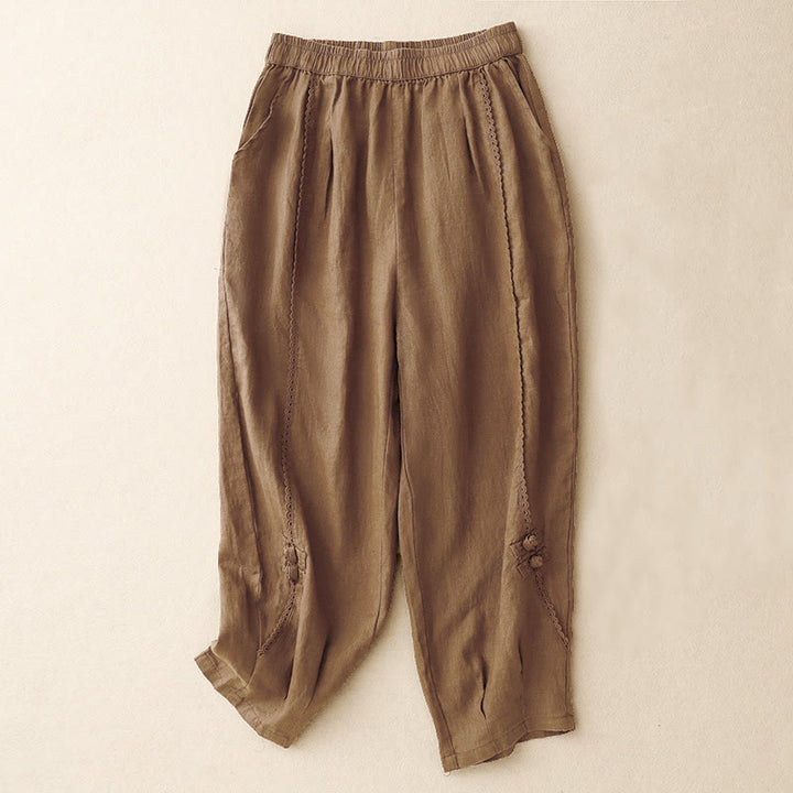 Buddha Stones Summer Frog-Button Lace High Waist Women's Cotton Linen Pants With Pockets - Sienna - US8-10，UK/AU12-14，EU40-42 (2XL) - image 13