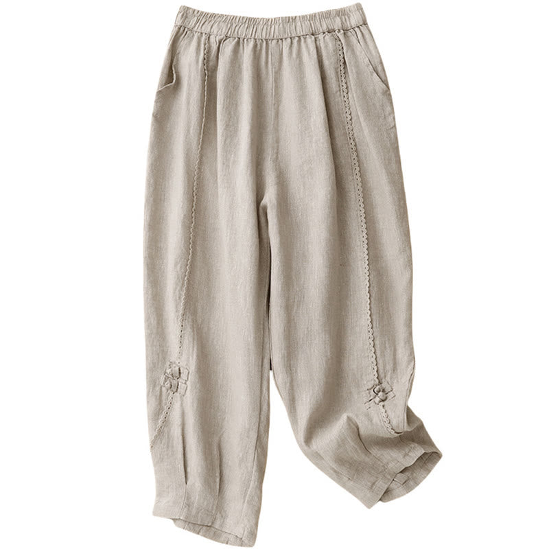 Buddha Stones Summer Frog-Button Lace High Waist Women's Cotton Linen Pants With Pockets - image 8