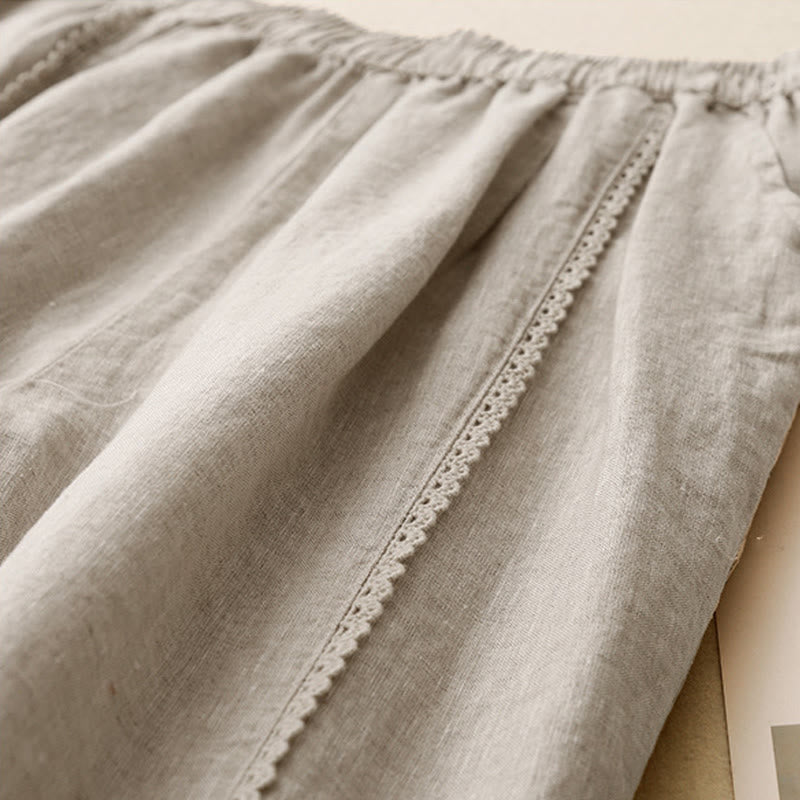 Buddha Stones Summer Frog-Button Lace High Waist Women's Cotton Linen Pants With Pockets - image 3