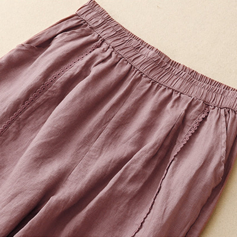 Buddha Stones Summer Frog-Button Lace High Waist Women's Cotton Linen Pants With Pockets - image 10