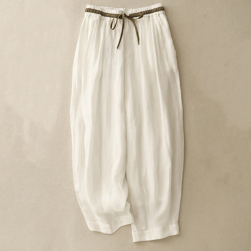 Buddha Stones Vintage Summer Casual Color Matching Drawstring Women's Cotton Linen Harem Pants With Pockets - White - US8-10，UK/AU12-14，EU40-42 (2XL) - image 0