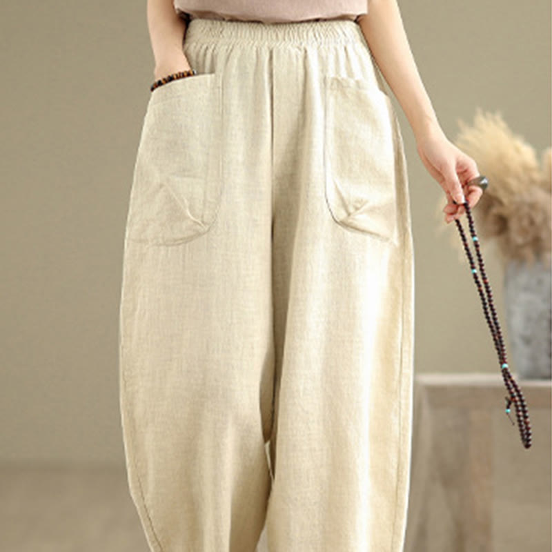 Buddha Stones Casual Daily Plain Simple Design Women's Cotton Linen Harem Pants With Pockets - image 4