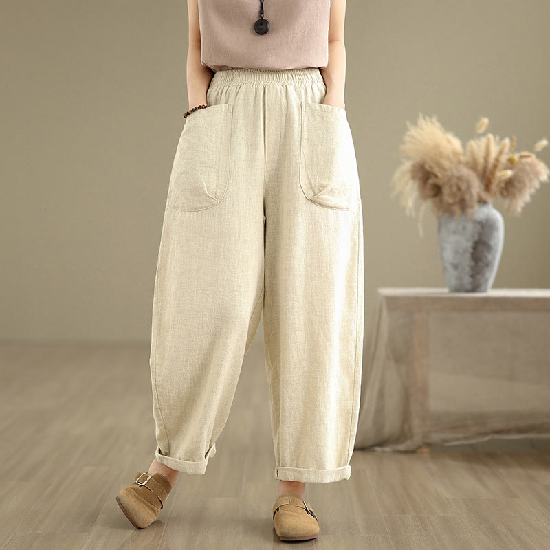 Buddha Stones Casual Daily Plain Simple Design Women's Cotton Linen Harem Pants With Pockets - Beige - US8-10，UK/AU12-14，EU40-42 (2XL) - image 0