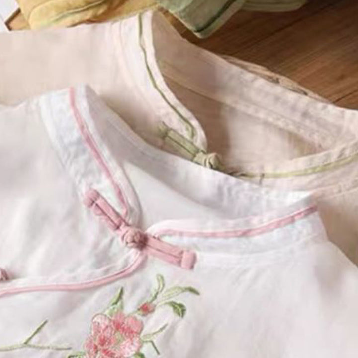 Buddha Stones Casual Vintage Embroidery Flower Pattern Chinese Frog-Button Crew Neck Design Women's Cotton Linen Shirt - image 12