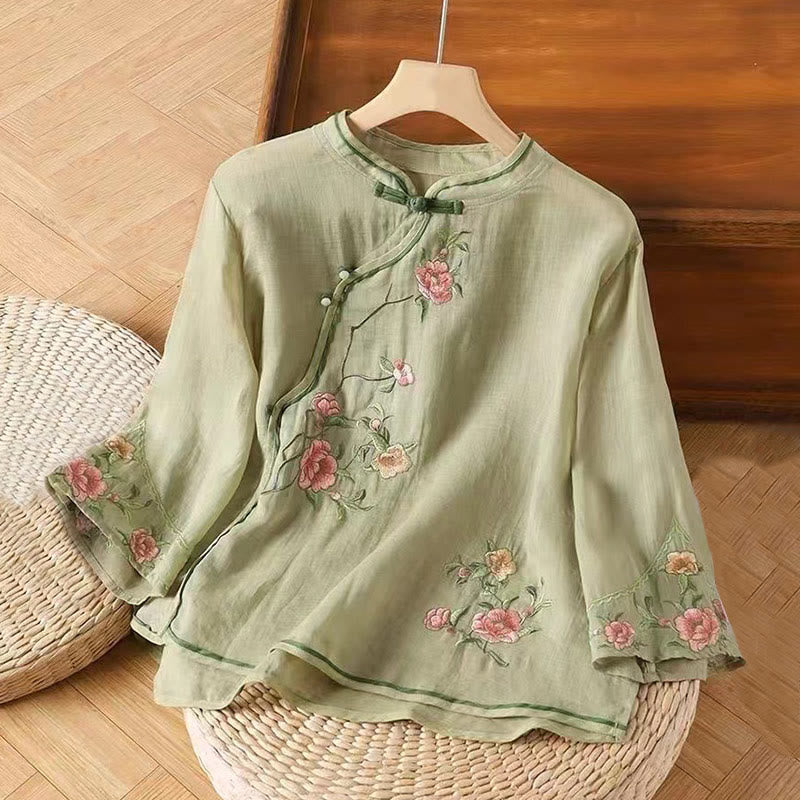 Buddha Stones Casual Vintage Embroidery Flower Pattern Chinese Frog-Button Crew Neck Design Women's Cotton Linen Shirt - LightGreen - US12，UK/AU16，EU44 (3XL) - image 5