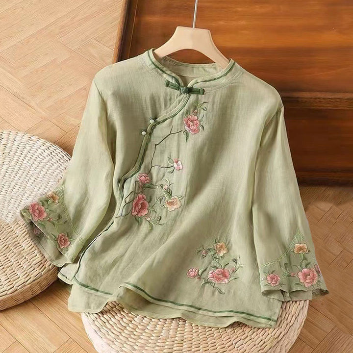 Buddha Stones Casual Vintage Embroidery Flower Pattern Chinese Frog-Button Crew Neck Design Women's Cotton Linen Shirt - LightGreen - US12，UK/AU16，EU44 (3XL) - image 5