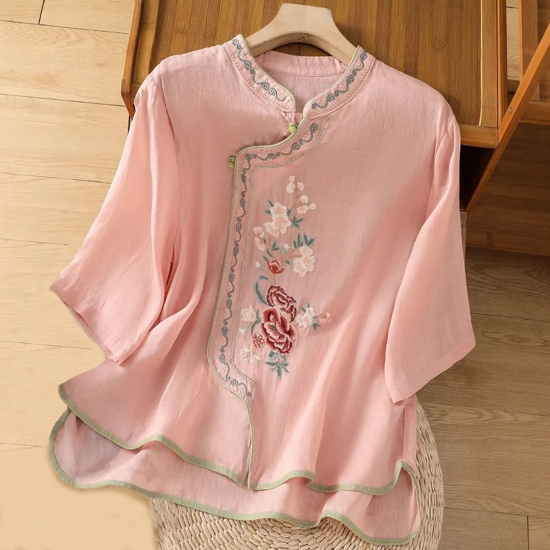 Buddha Stones Casual Ethnic Style Embroidery Flower Pattern Frog-Button Stand Collar Women's Cotton Linen Shirt - LightPink - US14，UK/AU18，EU46 (4XL) - image 2