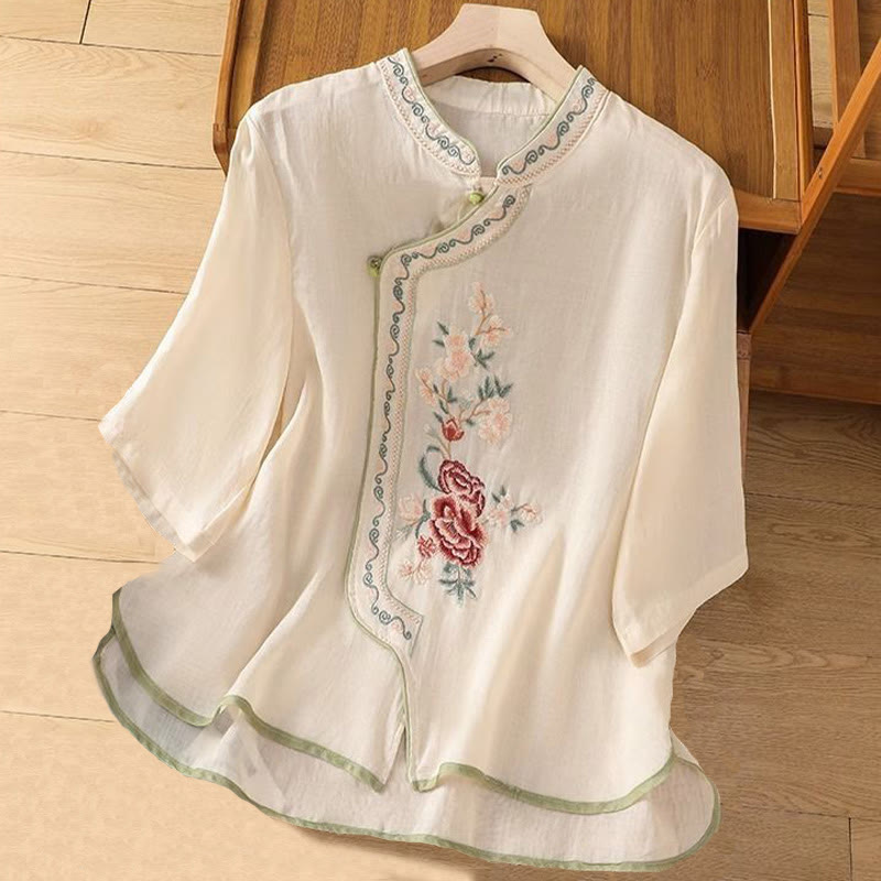 Buddha Stones Casual Ethnic Style Embroidery Flower Pattern Frog-Button Stand Collar Women's Cotton Linen Shirt - Beige - US14，UK/AU18，EU46 (4XL) - image 4