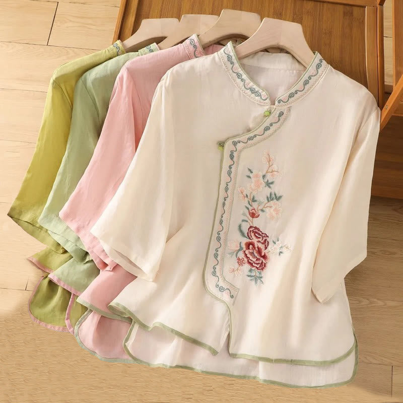 Buddha Stones Casual Ethnic Style Embroidery Flower Pattern Frog-Button Stand Collar Women's Cotton Linen Shirt - image 8