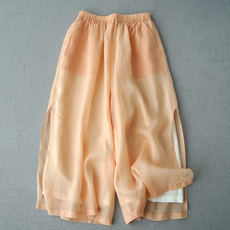 Buddha Stones Casual Plain Ramie Slit 7-8 Length Women's Wide Leg Pants With Pockets - Moccasin - US8-10，UK/AU12-14，EU40-42 (2XL) - image 4