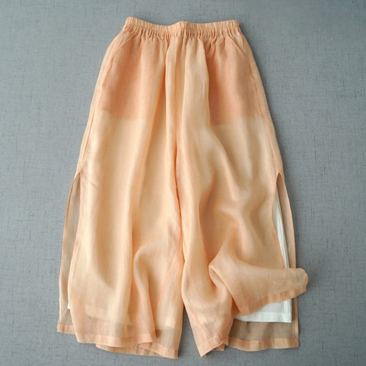 Buddha Stones Casual Plain Ramie Slit 7-8 Length Women's Wide Leg Pants With Pockets - Moccasin - US8-10，UK/AU12-14，EU40-42 (2XL) - image 4