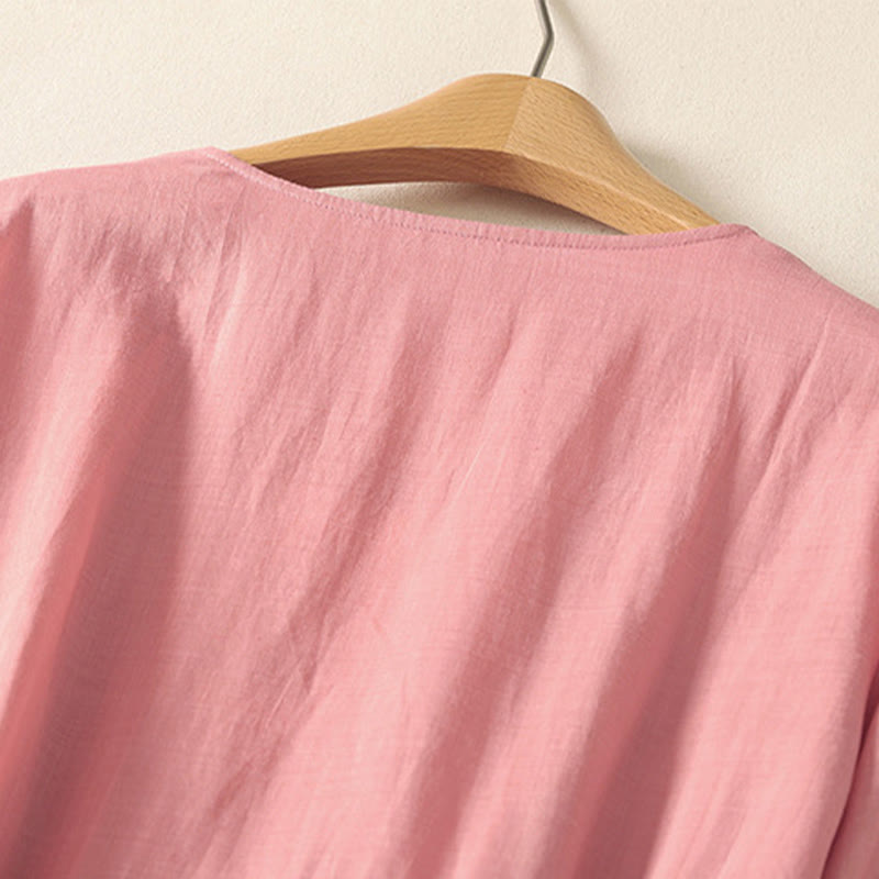 Buddha Stones Summer Short Sleeve Pleats Lace-up Cotton Linen Women's Midi Dress With Pockets - image 3