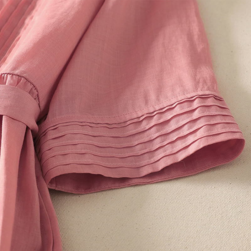 Buddha Stones Summer Short Sleeve Pleats Lace-up Cotton Linen Women's Midi Dress With Pockets - image 6