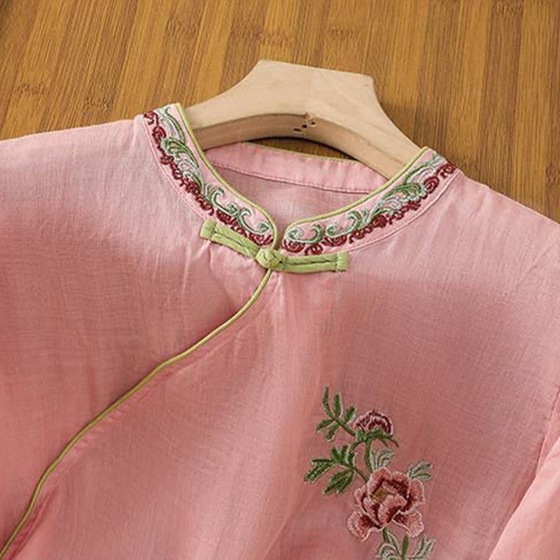 Buddha Stones Summer Ethnic Style Embroidery Flower Pattern Frog-Button Color Matching Women's Cotton Linen Three Quarter Sleeve Shirt - image 5