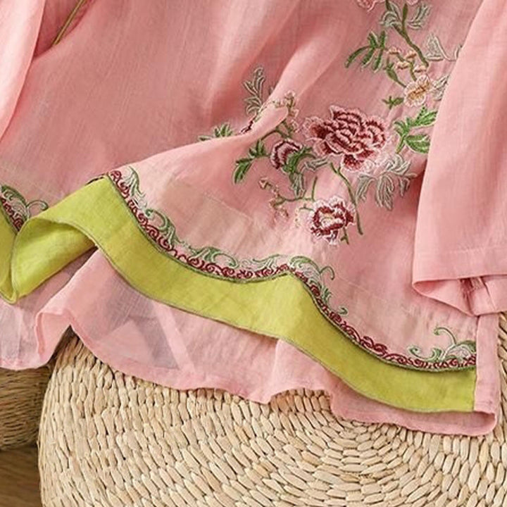 Buddha Stones Summer Ethnic Style Embroidery Flower Pattern Frog-Button Color Matching Women's Cotton Linen Three Quarter Sleeve Shirt - image 8