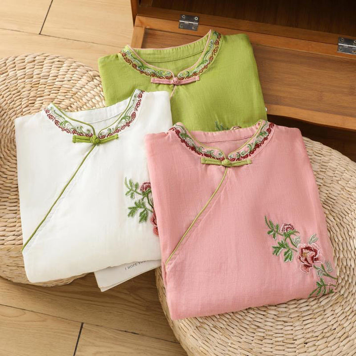 Buddha Stones Summer Ethnic Style Embroidery Flower Pattern Frog-Button Color Matching Women's Cotton Linen Three Quarter Sleeve Shirt - image 18