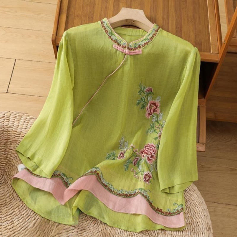 Buddha Stones Summer Ethnic Style Embroidery Flower Pattern Frog-Button Color Matching Women's Cotton Linen Three Quarter Sleeve Shirt - YellowGreen - US8-10，UK/AU12-14，EU40-42 (2XL) - image 12