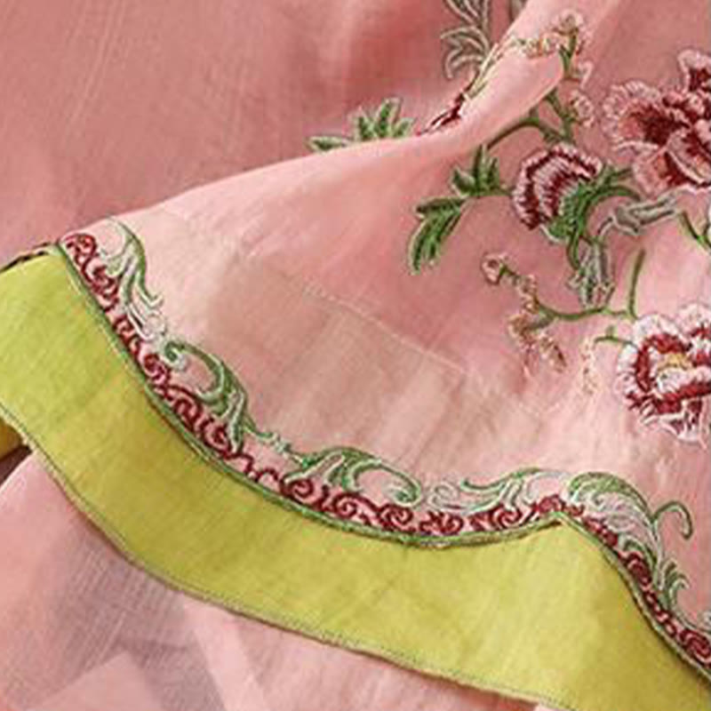 Buddha Stones Summer Ethnic Style Embroidery Flower Pattern Frog-Button Color Matching Women's Cotton Linen Three Quarter Sleeve Shirt - image 11