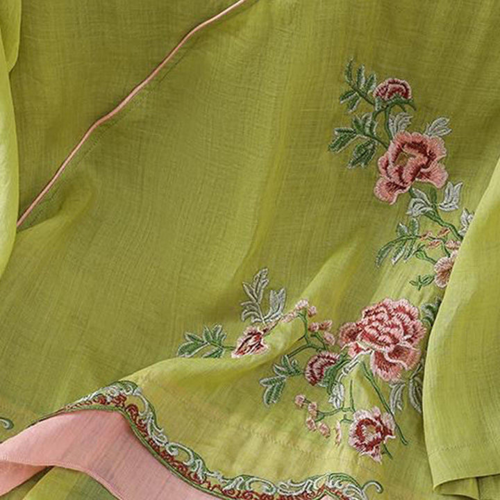 Buddha Stones Summer Ethnic Style Embroidery Flower Pattern Frog-Button Color Matching Women's Cotton Linen Three Quarter Sleeve Shirt - image 14