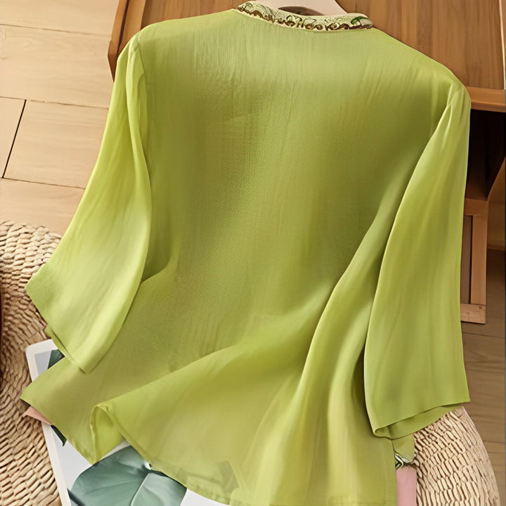 Buddha Stones Summer Ethnic Style Embroidery Flower Pattern Frog-Button Color Matching Women's Cotton Linen Three Quarter Sleeve Shirt - image 13