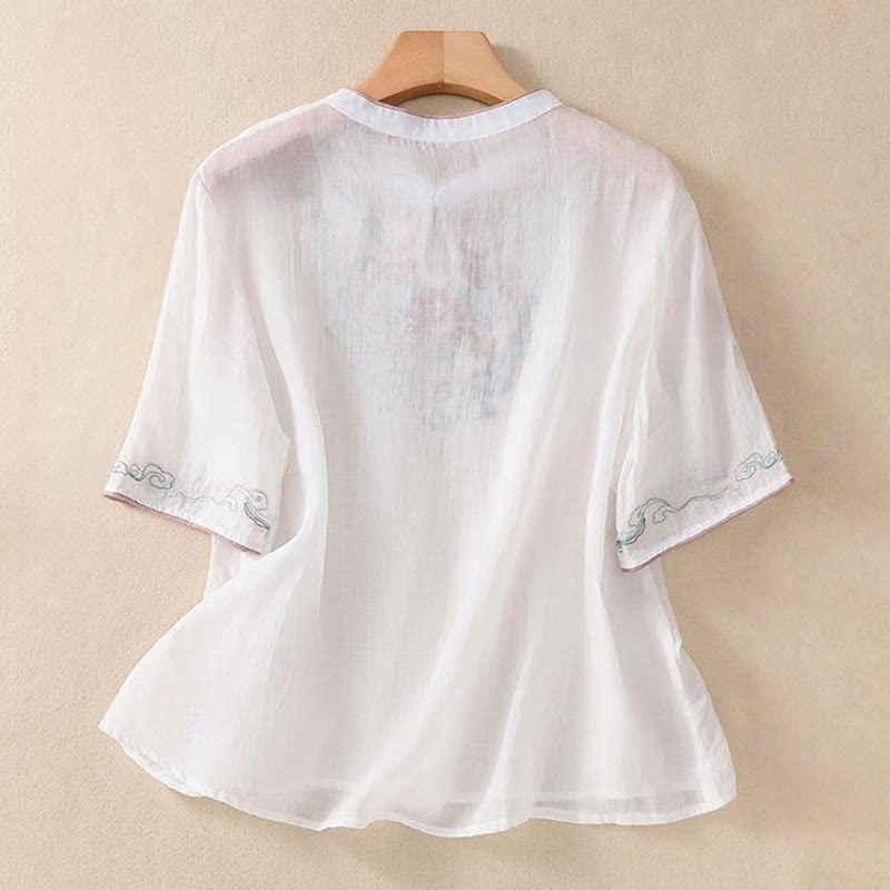 Buddha Stones Casual Retro Embroidery Frog-Button Design Women's Cotton Linen Half Sleeve Shirt - image 13