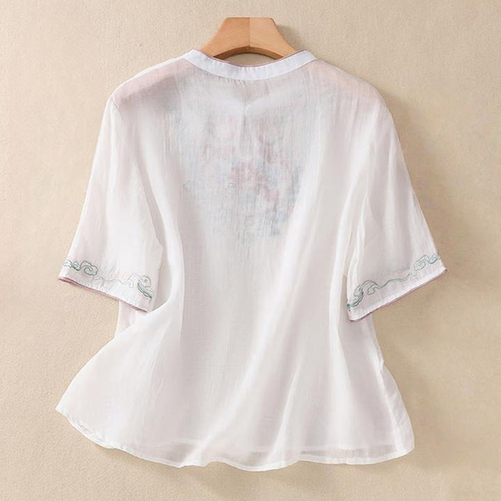 Buddha Stones Casual Retro Embroidery Frog-Button Design Women's Cotton Linen Half Sleeve Shirt - image 13